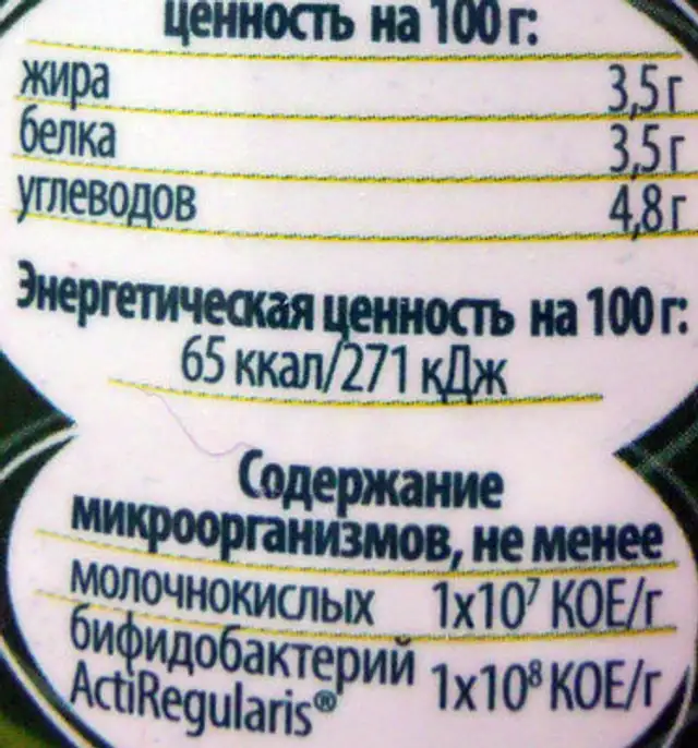 Активиа Термостатная nutrition facts table