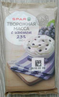 Масса творожная «Особая» с сахаром и изюмом с массовой долей жира 23% front packaging