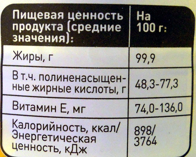 Масло Подсолнечное нерафинированное nutrition facts table