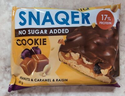 Snaqer Печенье глазированное «Арахис, изюм и карамель» front packaging