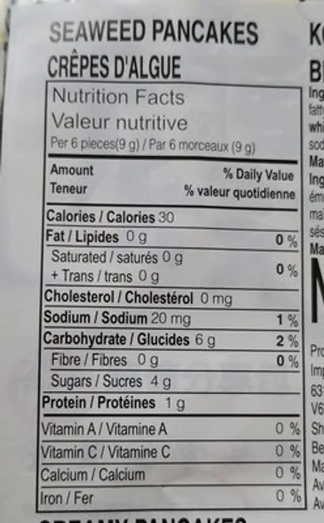Kobayashi nutrition facts table