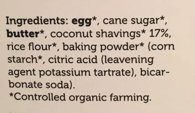 Organic coconut biscuits ingredients label