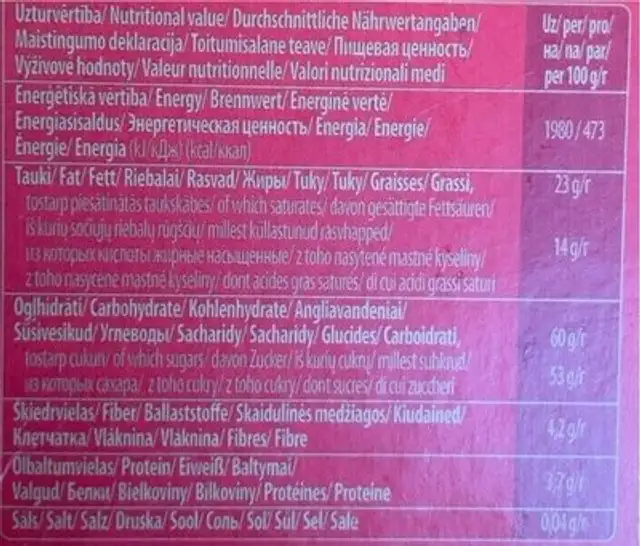 Asorti nutrition facts table