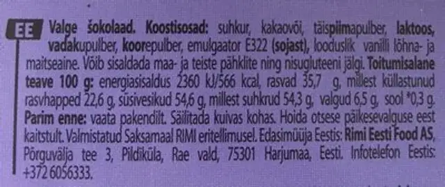 White chocolate ingredients label