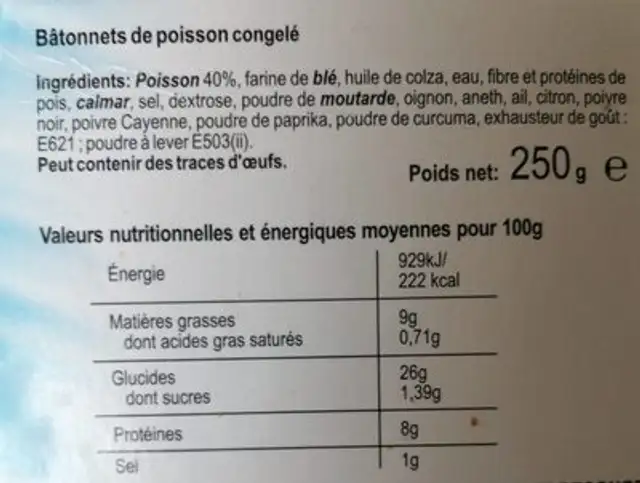 Bâtonnets de poisson nutrition facts table