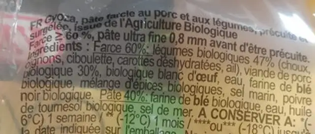 Gyoza ingredients label