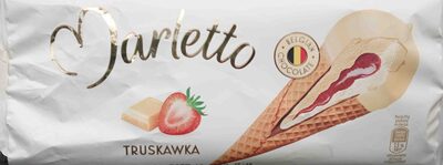Lody o smaku waniliowym z nadzieniem truskawkowym, oblane białą belgijską czekoladą, w rożku waflowym