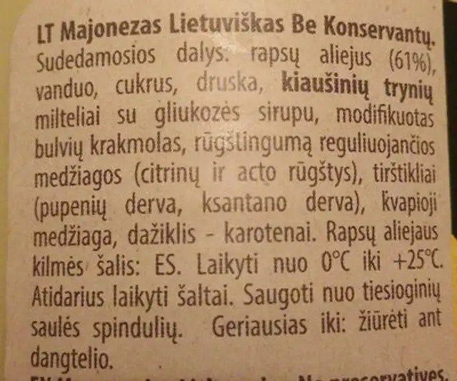 Majonezas Lietuviškas Be konservantų ingredients label