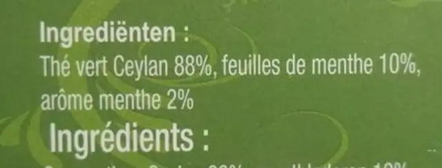Thé Vert Gunpowder à la menthe ingredients label