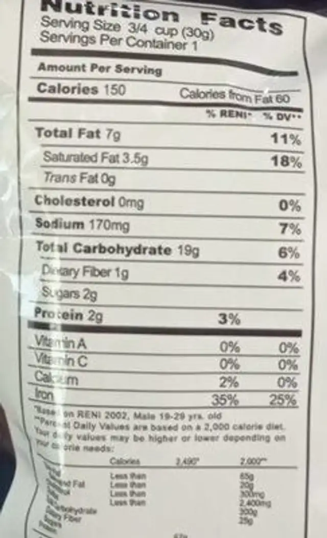piattos (b) 45g nutrition facts table