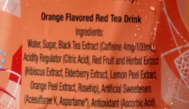 Red Tea orange Flavored Ice Tea ingredients label