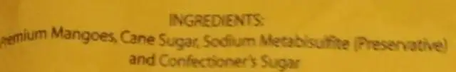 Dried Mangoes ingredients label