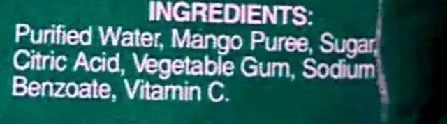 Mango Nectar ingredients label