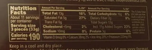 Chocolat nutrition facts table