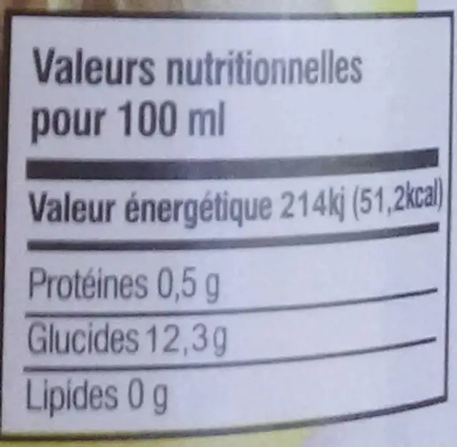 Jus de fruit à base de purée d'abricots et de concentré de jus de pomme nutrition facts table