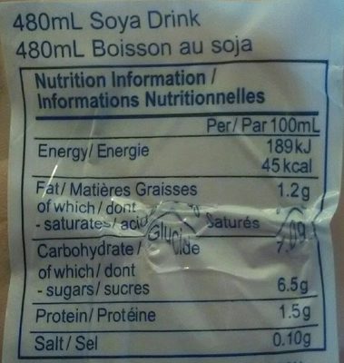 Vitasoy Soya Drink nutrition facts table