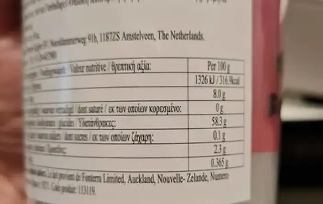 Instant milk tea nutrition facts table