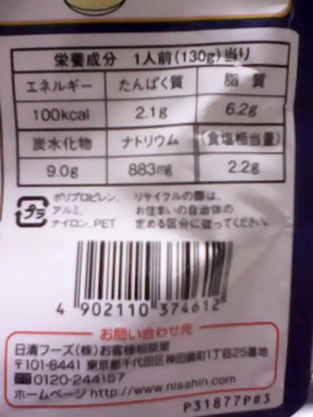 ミルクたっぷりのカルボナーラ nutrition facts table