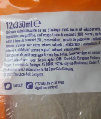 Fanta Orange, 12 Fois 33 Centilitres ingredients label