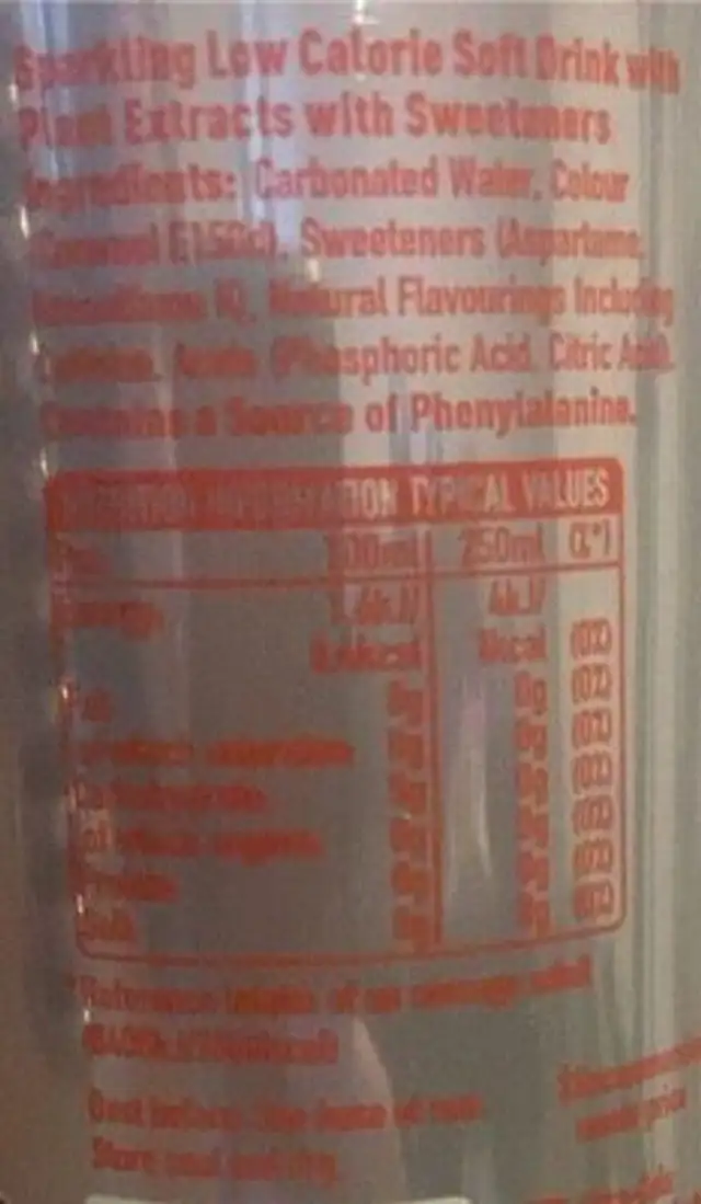 Diet Coke 250ml can nutrition facts table