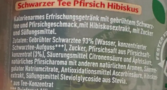 Fuze Tea Pfirsich Hibiskus ingredients label