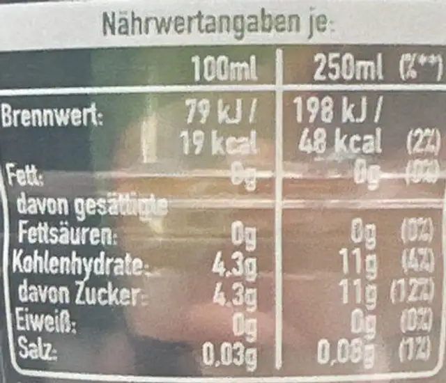 Fuze Tea Pfirsich Hibiskus nutrition facts table
