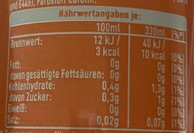 Fanta Zero Sugar nutrition facts table