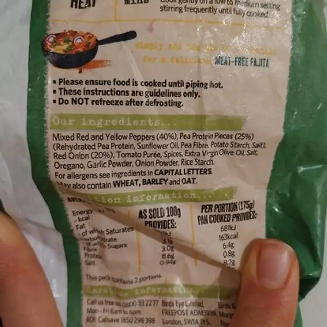 Green Cuisine Mexican style mix ingredients label