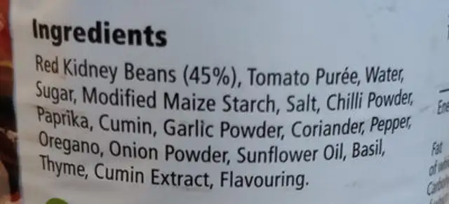 Red kidney beans in chilli sauce ingredients label