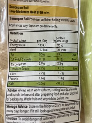 GROWN IN BRITAIN TRIMMED LEEKS nutrition facts table