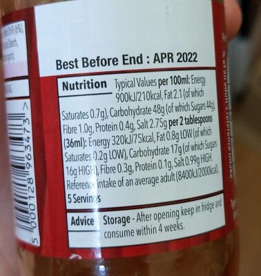 Sweet Chili Sauce nutrition facts table