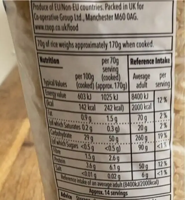 Long Grain Brown Rice nutrition facts table