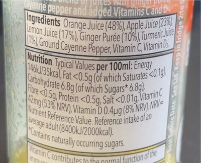 Ginger shot ingredients label