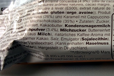 Twix Cappuccino ingredients label