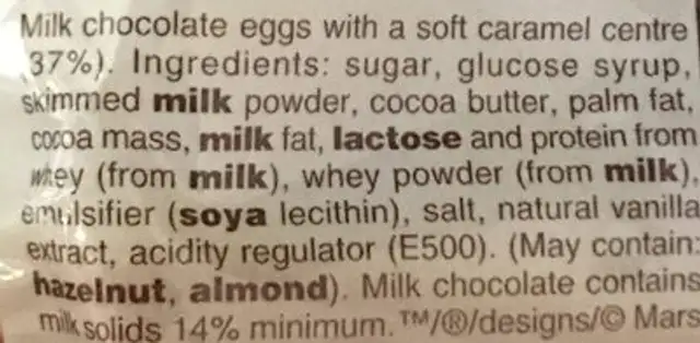 Caramel mini eggs ingredients label