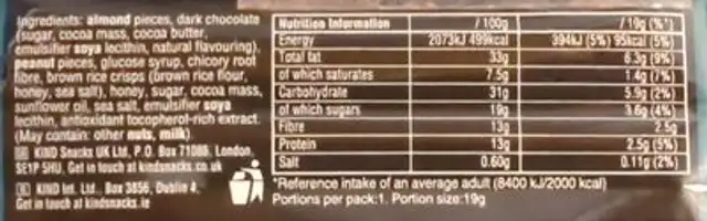 Dark Chocolate Nuts & Sea Salt nutrition facts table