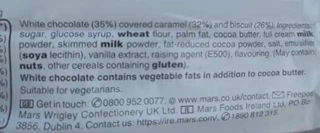 Twix White Extra ingredients label
