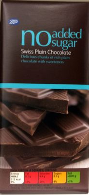 No added sugar swiss plain chocolate - delicous chunks of rich plain chocolate with sweeteners