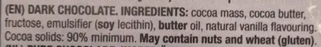 90% Cocoa Dark Chocolate ingredients label