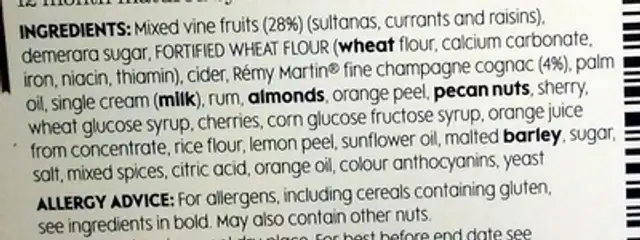Richly Fruited Christmas Pudding 12 months matured, made with cream, pecans and a festive soaking of Rémy Martin Fine Champagne Cognac ingredients label