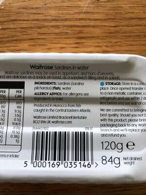 Sardines in water ingredients label