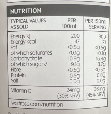Sicilian Blood Orange Juice nutrition facts table