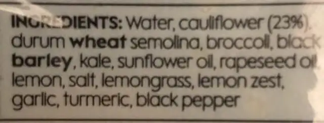 Cauliflower & kale ingredients label
