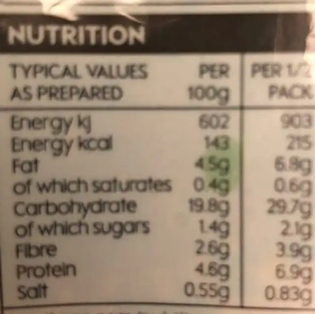 Cauliflower & kale nutrition facts table