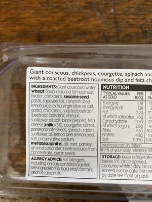 Giant Couscous, chickpea and feta ingredients label