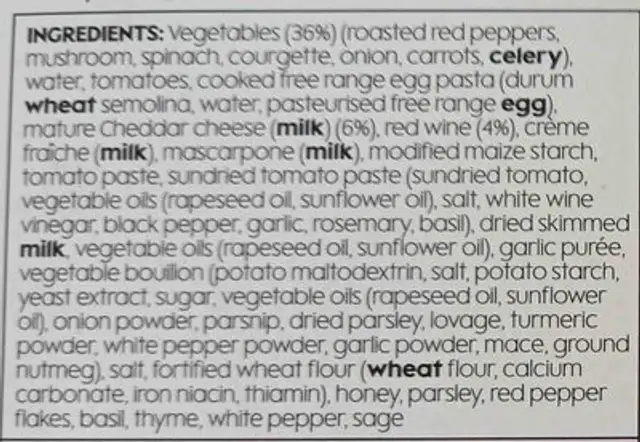 Vegetable Lasagne ingredients label