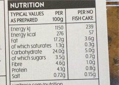 Thai Style No Fishcakes nutrition facts table