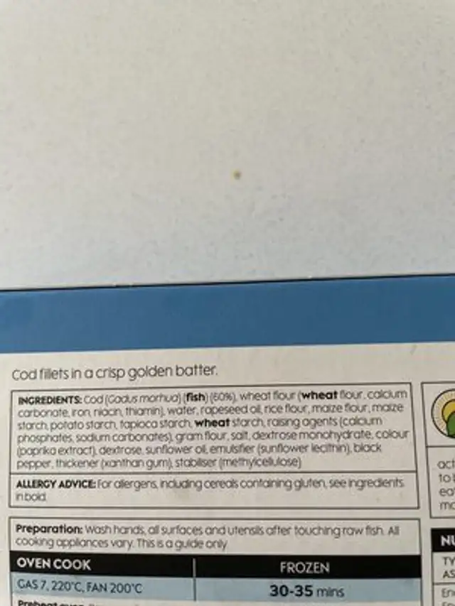 2 Battered Cod Fillets ingredients label
