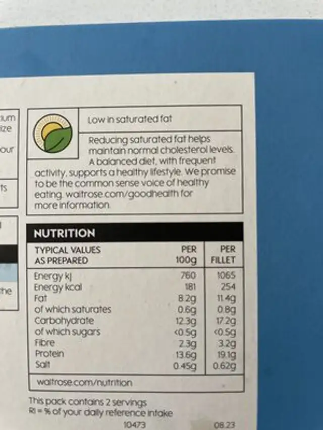 2 Battered Cod Fillets nutrition facts table