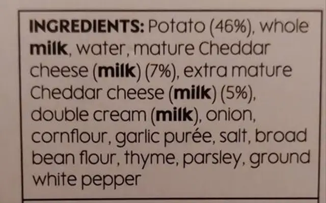Potato gratin ingredients label